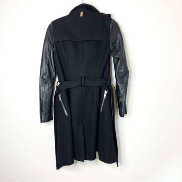 Aritzia Mackage Dale Wool Trench Coat Asymmetrical Leather Sleeves Black XXS - Picture 5 of 16